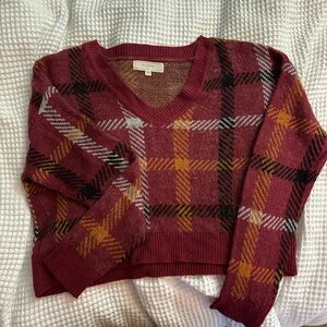 Plaid V-Neck Sweater - Red, Black, Yellow